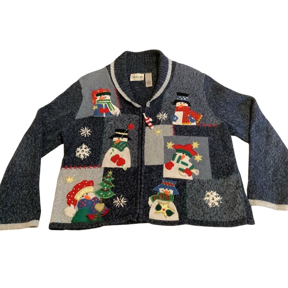 Carly St. Claire Womens XL Ugly Christmas Snowman Cardigan Sweater Blue -- Read